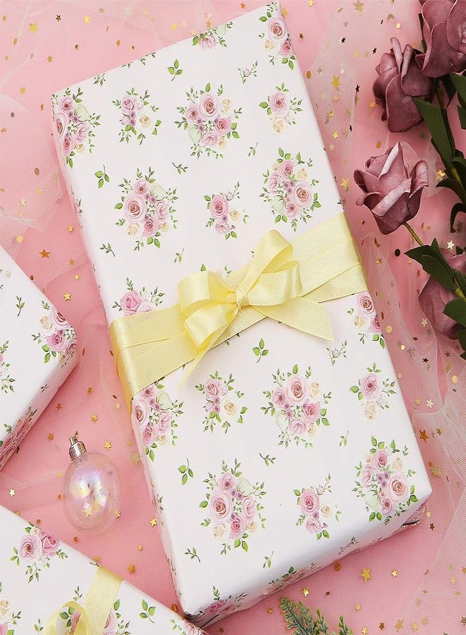 Geluode Flower Wrapping Paper and Ribbon Set for Girls Lady Women, 4 Sheets Rose Floral Bridal Shower Engagement Gift Wrap For Birthday Wedding Mother's Day Anniversary Valentine's Day or Any Occasion - Image 4